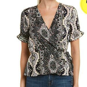 Cupcakes & Cashmere Kabr Faux Wrap V-Neck Paisley Pink/Blue Women Blouse Sz M